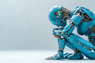 A mechanical humanoid in a thoughtful crouch, suggests introspection and self-awareness, merging futuristic design with emotional depth in a striking visual statement.