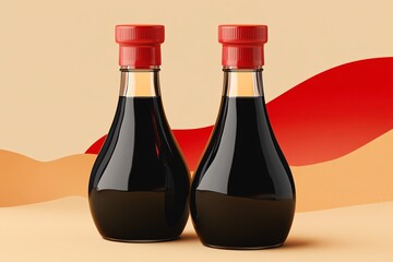 Two Bottles of Soy Sauce with Red and Beige Background
