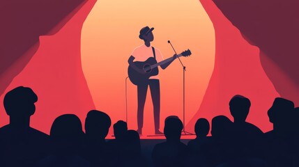 A silhouette of a crowd watching a man playing a guitar on stage.