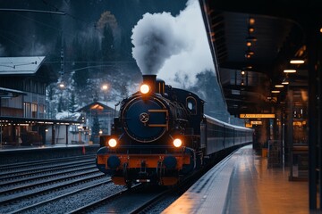Obraz premium A classic steam train arrives at a picturesque station, its headlights glowing through the misty evening air, evoking a sense of nostalgia and adventure.