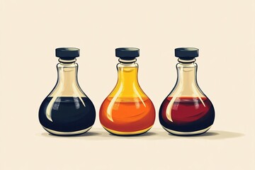 Three Bottles of Cooking Sauces Soy Sauce Teriyaki Sauce and Balsamic Vinegar