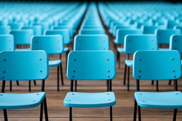 Fototapeta premium A captivating image featuring numerous aqua-colored chairs arranged in rows, forming a mesmerizing optical illusion of depth and perspective, creating a serene atmosphere.