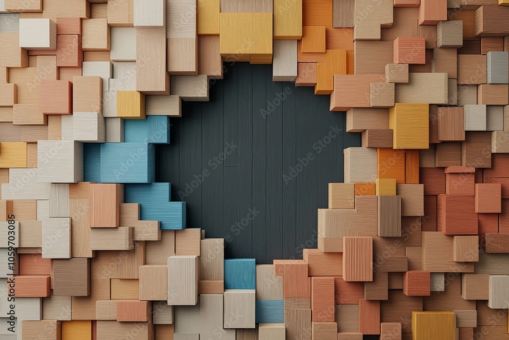 Poster this composition features colorful blocks arranged meticulously to form a central void, creating a b