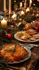 Festive Christmas table setting with homemade holiday dish warm candlelight and cozy winter decor such as pine holly and pine cones