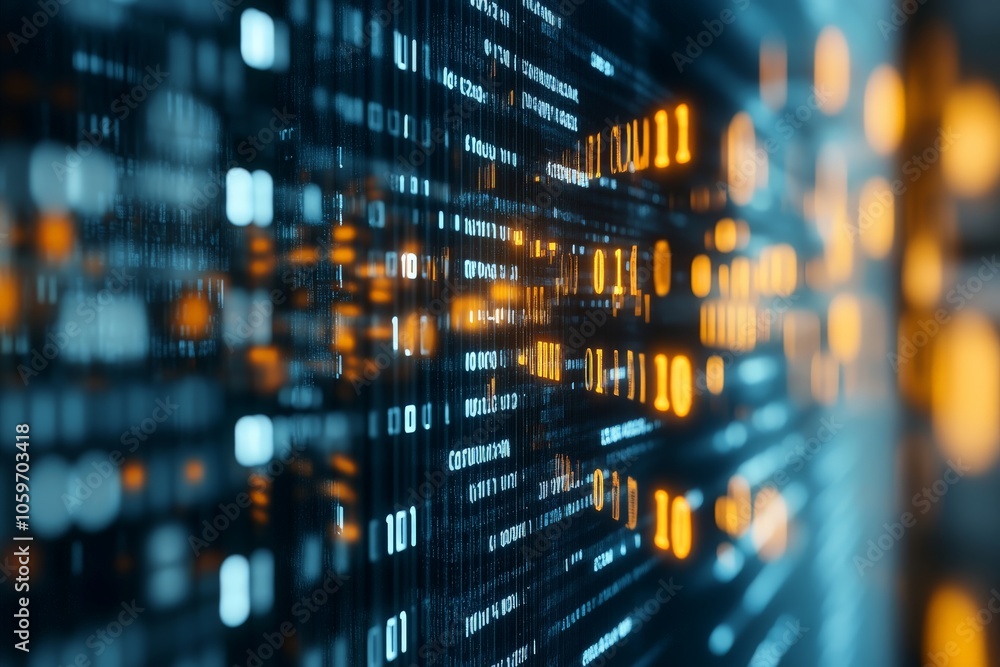 Poster a vibrant stream of binary code in shades of blue and orange flows across the digital canvas, exempl