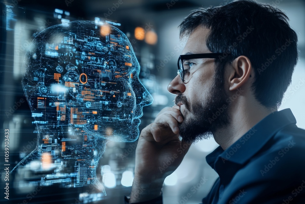 Poster a man intently examines a digital face projection, highlighting themes of technology, artificial int