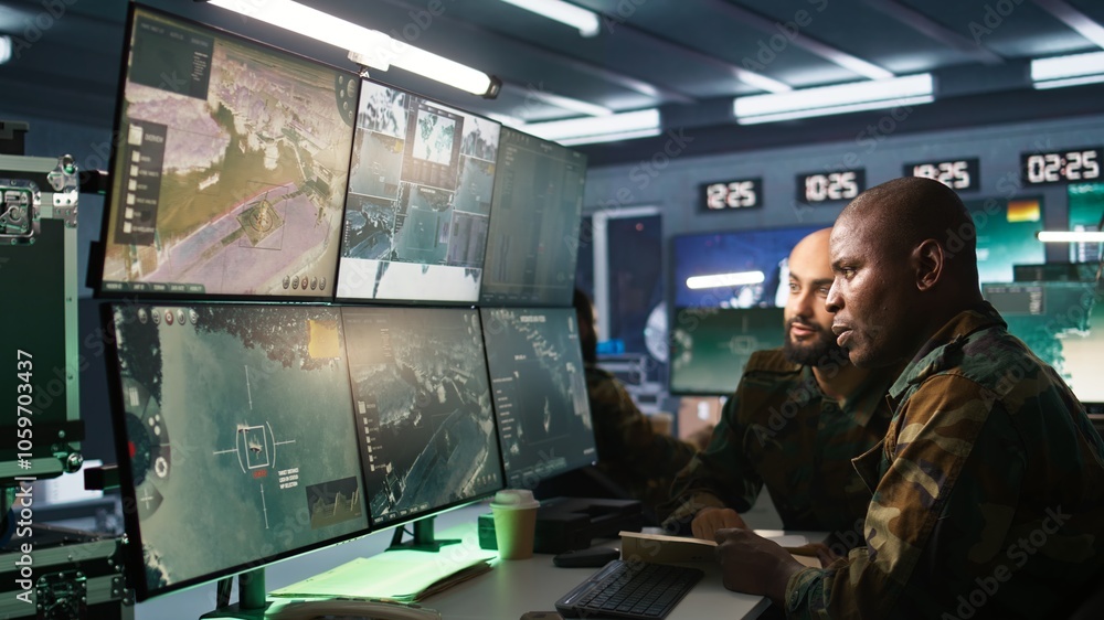 Poster army officers doing brainstorming in command center, looking at intel folder files. intelligence cor