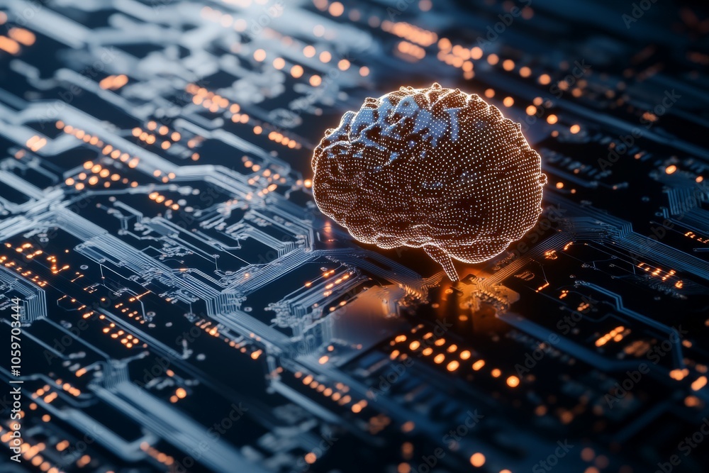 Aufkleber a digital brain model is prominently displayed on a lit circuit board, symbolizing the fusion of tec