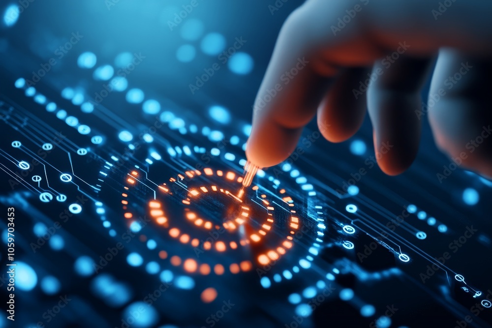 Poster a close-up view shows fingers interacting with a dynamic digital interface, representing themes of h