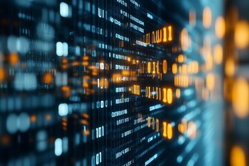 A vibrant stream of binary code in shades of blue and orange flows across the digital canvas, exemplifying the dynamic movement of data in today's tech-driven world.