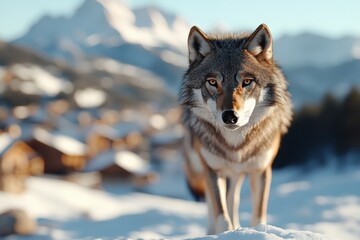 Fototapeta premium A focused gray wolf stands poised in a snowy landscape, with a blurred background of mountains and trees, conveying a sense of alertness and mystery.