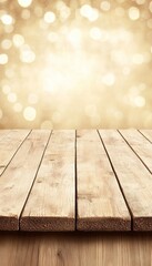 Wooden table with a blurry golden bokeh background. Perfect for showcasing products or creating a warm and inviting atmosphere.