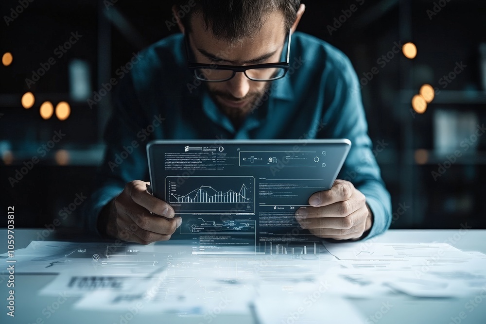 Poster a person intensely analyzes digital data and charts on a futuristic tablet, surrounded by documents,
