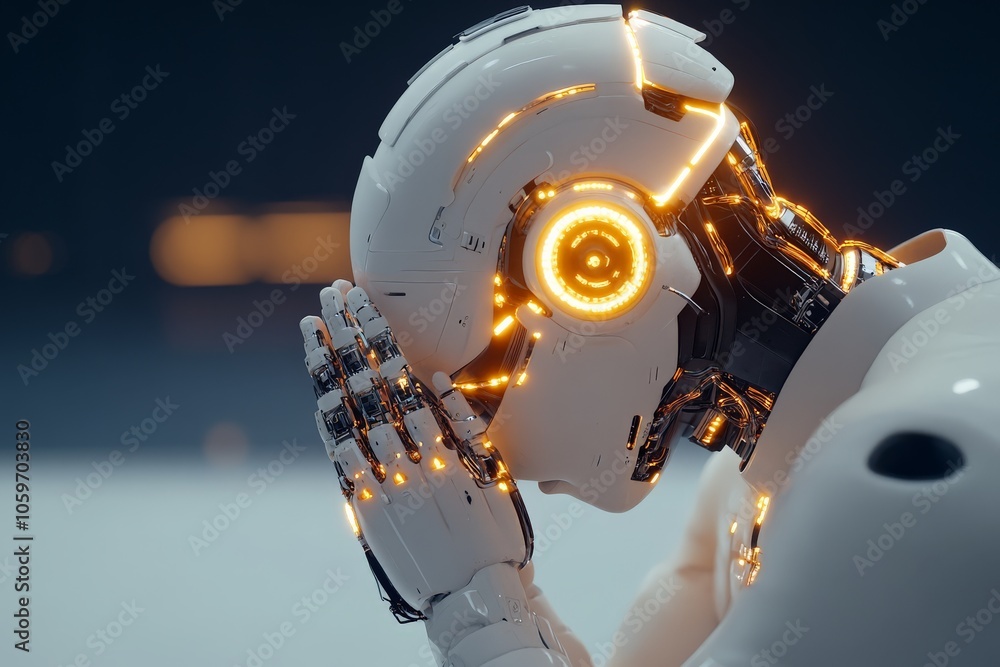 Poster a reflective humanoid robot is depicted in a pondering pose, with glowing orange circuits symbolizin