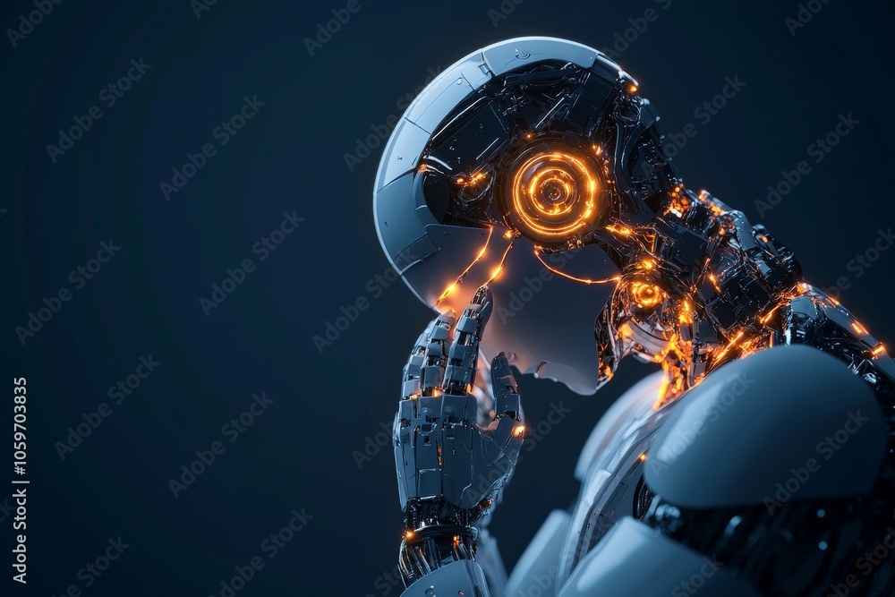 Poster a high-tech robot is depicted in a moment of deep contemplation, showcasing glowing orange circuits 