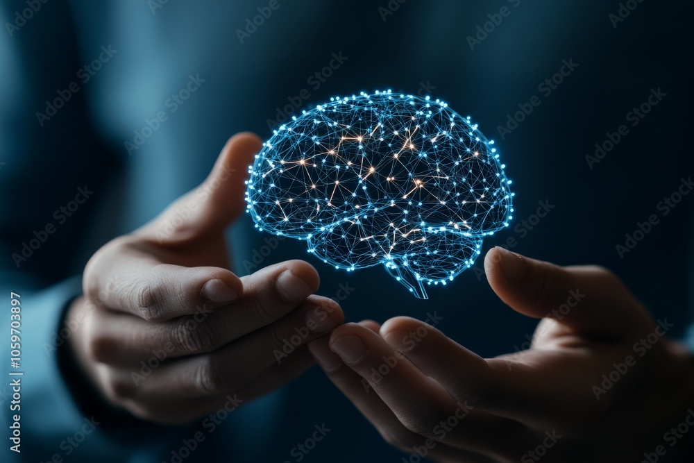 Aufkleber a pair of hands gently cradle a digital brain with interconnected nodes, symbolizing technology and 