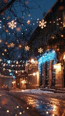 Enchanting nighttime winter cityscape with twinkling lights sparkling snowflakes and a cozy magical atmosphere  The snowy street is lined with illuminated buildings and glowing streetlights