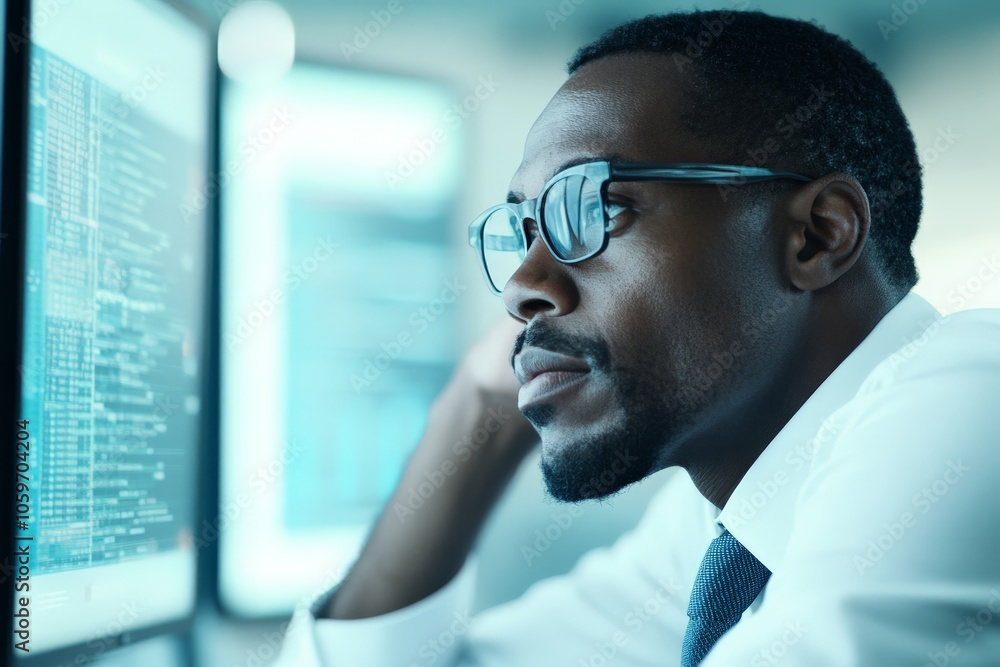 Poster a man with glasses intensively analyzing complex data on a computer screen, symbolizing dedication a
