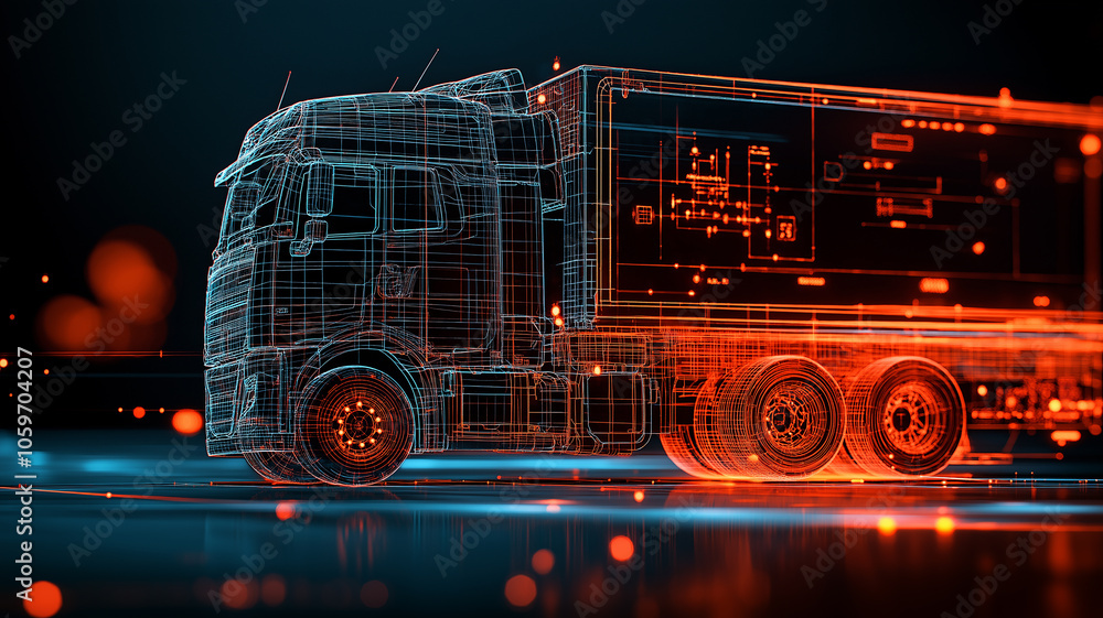 Poster wireframe truck is showcased in futuristic digital environment, highlighting its intricate design an