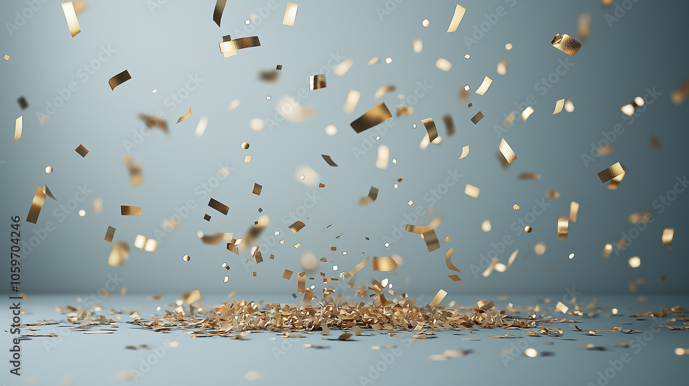 Poster golden confetti sparkles against soft blue background, creating festive and celebratory atmosphere. 