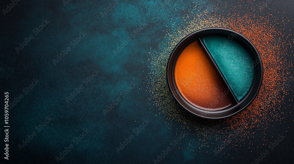 Poster round container with vibrant orange and teal powders is split in half, creating striking contrast ag