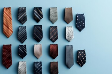A neatly arranged collection of various neckties, showcasing different patterns, colors, and styles against a light background, highlighting men's fashion options.