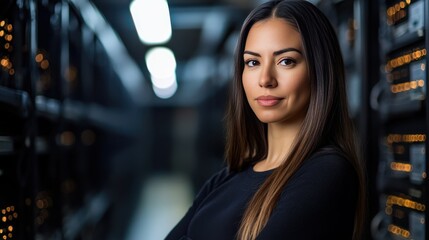 Obraz premium Confident Woman in Data Center: Empowering Technology and Innovation