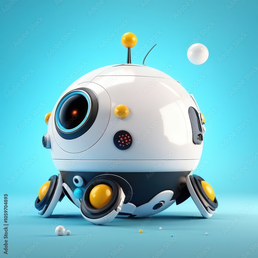 Poster a cute, futuristic robot with a round body and colorful features, designed for exploration.