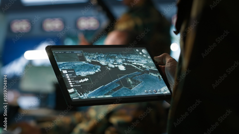 Aufkleber military agent working in control room, using software on tablet, analyzing aerial reconnaissance da