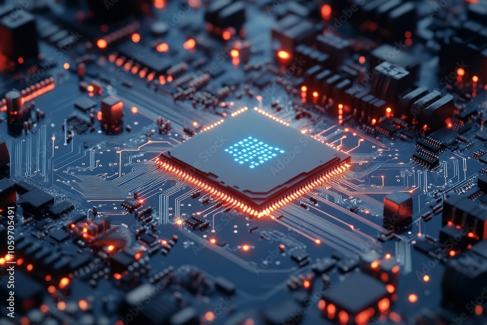 Poster the central focus of the image is a glowing cpu, surrounded by intricate red-tinted circuit patterns