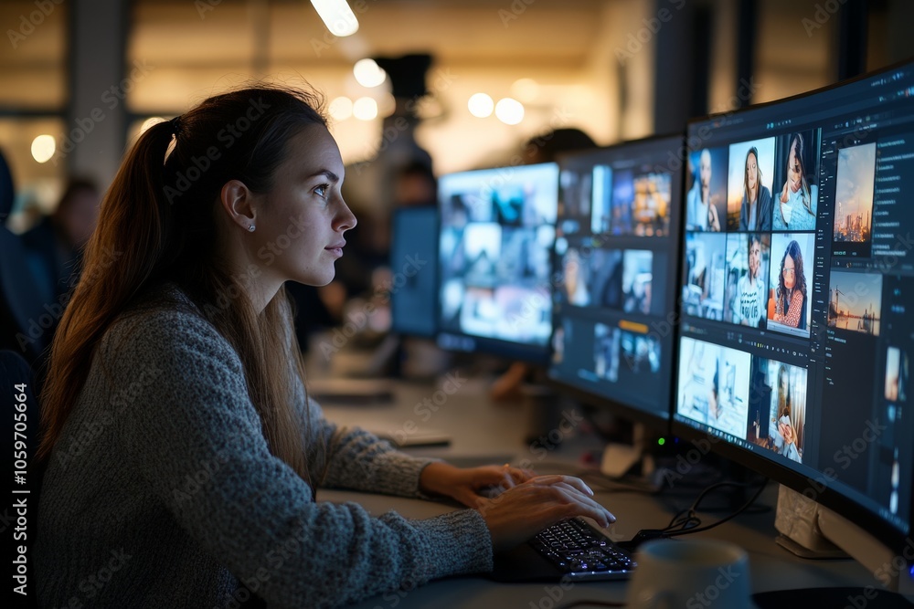 Poster a focused female editor works at her desk reviewing digital images on multiple monitors, indicating 