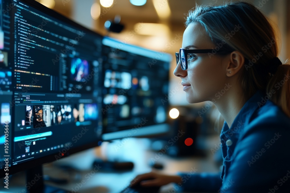 Poster a programmer analyzes and debugs complex code displayed on dual-monitor setup, highlighting a tech-s