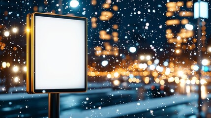 Obraz premium Close-up Christmas cityscape, large blank billboard, festive lights, snow falling, vibrant street decorations, night atmosphere, ready for commercial use