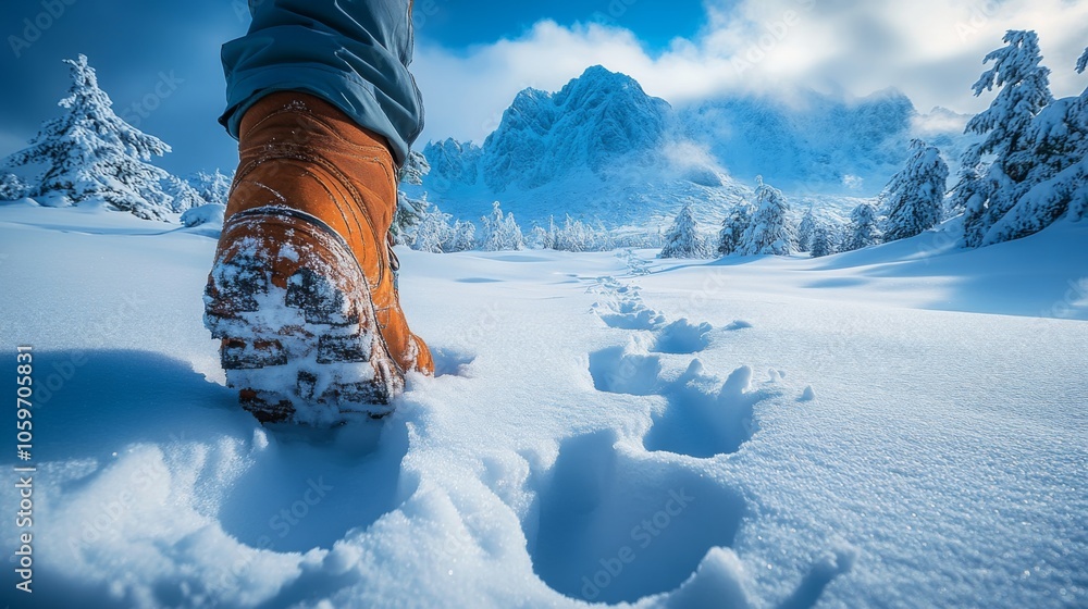 Poster the scene captures a person trekking through thick snow, leaving distinct footprints behind while ma