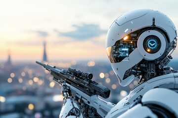 A robotic figure focuses its rifle toward a cityscape lit by sunset, reflecting both the merging of technology and the serene transition of day to night.