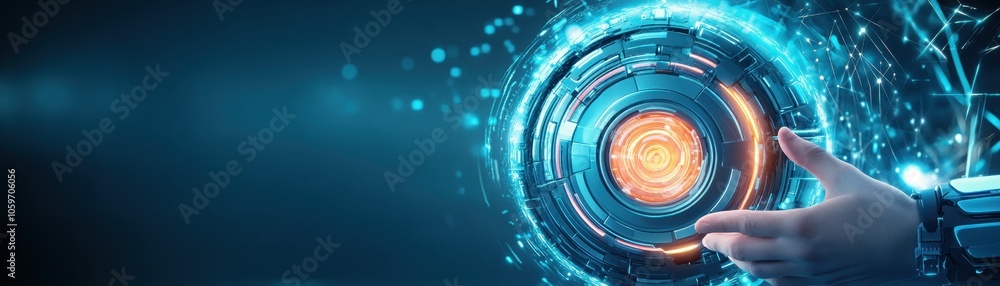 Poster futuristic hand manipulating a digital interface with glowing elements, isolated on a dark backgroun