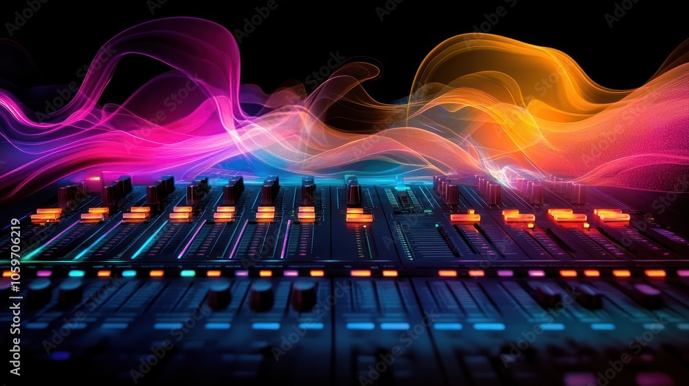 Poster a close-up of an audio mixer with colorful abstract lights behind it.