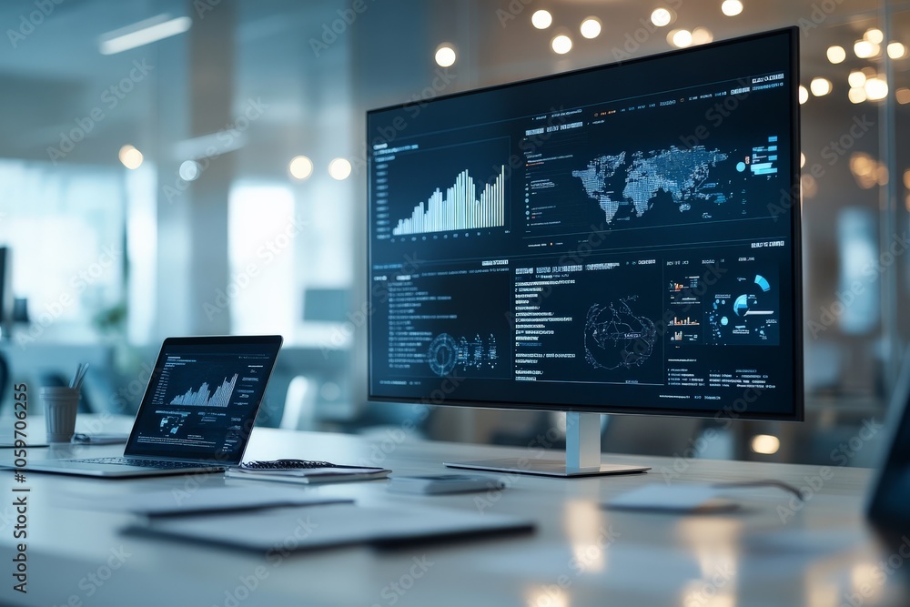 Poster a technology-driven workspace with multiple screens showing various analytics and global data, captu