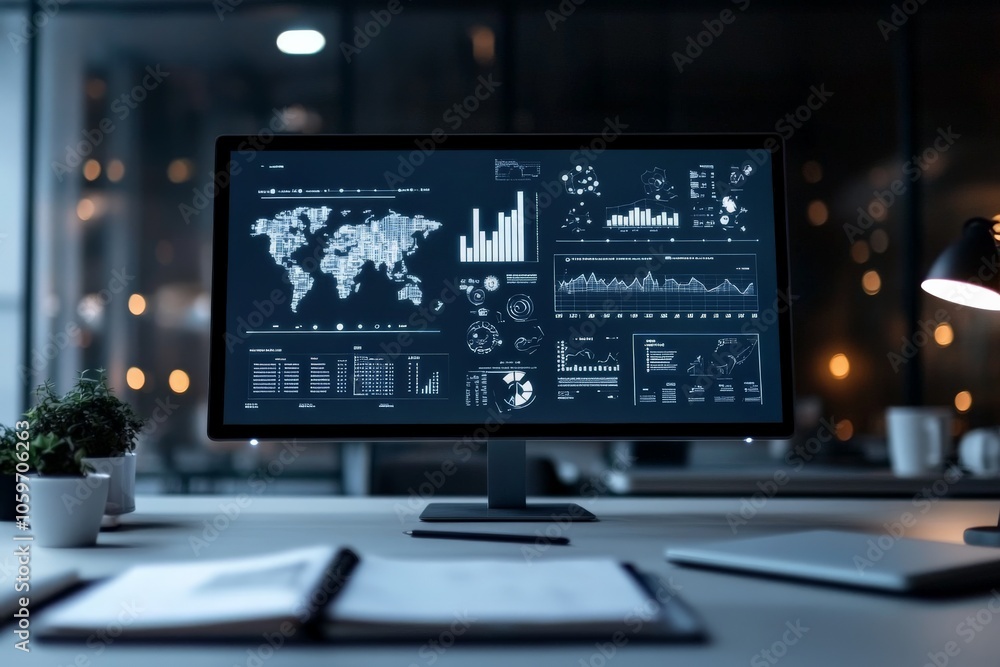 Poster a high-end meeting space where technology meets data analysis, showcasing laptops and sophisticated 