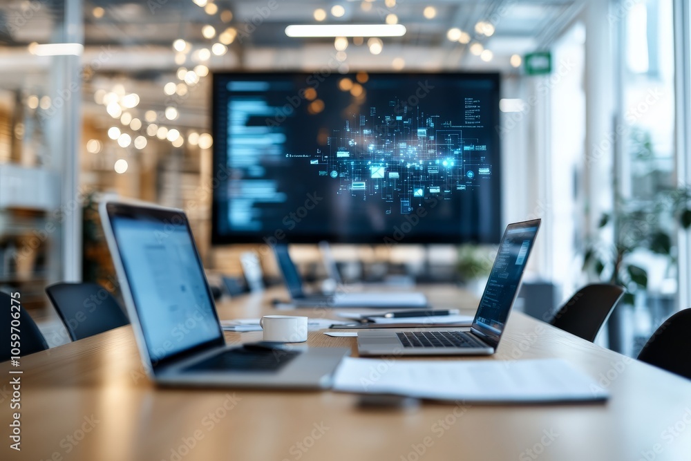 Poster an advanced digital workspace displaying intricate data visualizations and charts, representing the 