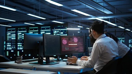 Computer scientists in server room protect hardware from hacker attack stealing sensitive...