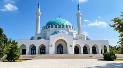 Beautiful Mosque with Blue Dome and Tall Minarets under Clear Sky
