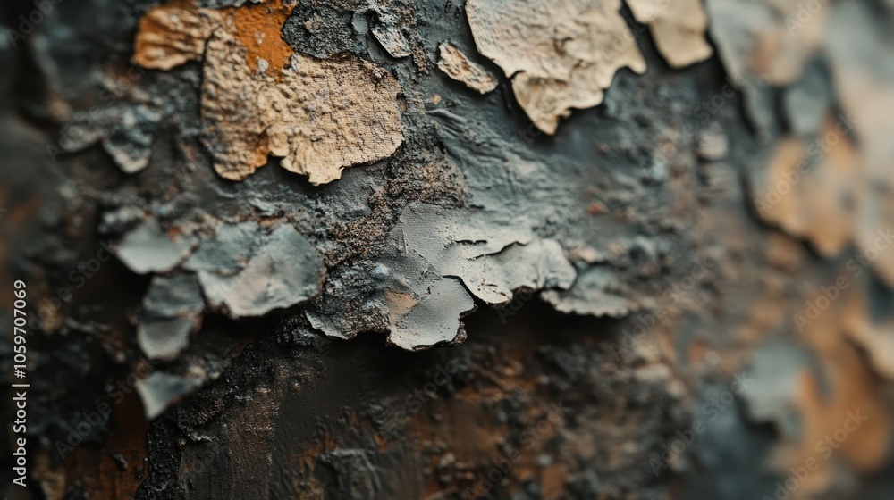Poster close-up of peeling paint on a textured surface, revealing the layers underneath. the paint is peeli
