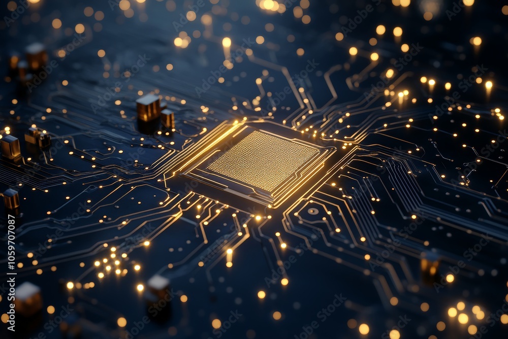 Poster the image showcases a close-up of intricate golden circuit patterns on a dark electronic board, high