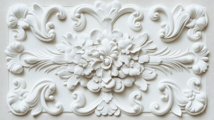 Ornate white plaster relief with intricate floral motifs and swirling patterns on a rectangular panel, creating an elegant decorative design.
