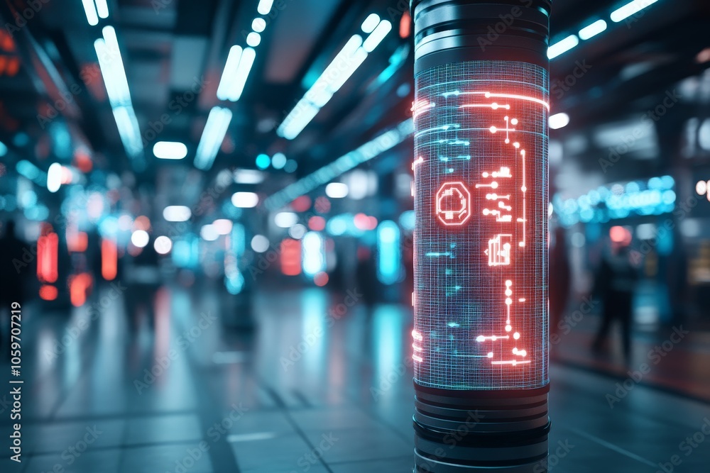 Poster a luminous pillar adorned with digital displays in a high-tech environment, illustrating the blend o