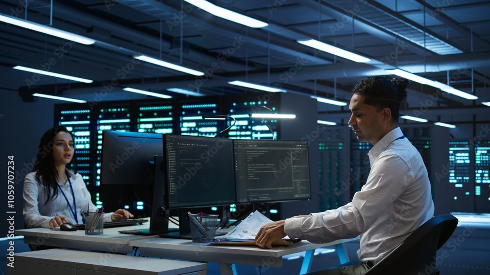 Poster system administrator in data center maintaining accurate paperwork of hardware, generating reports. 