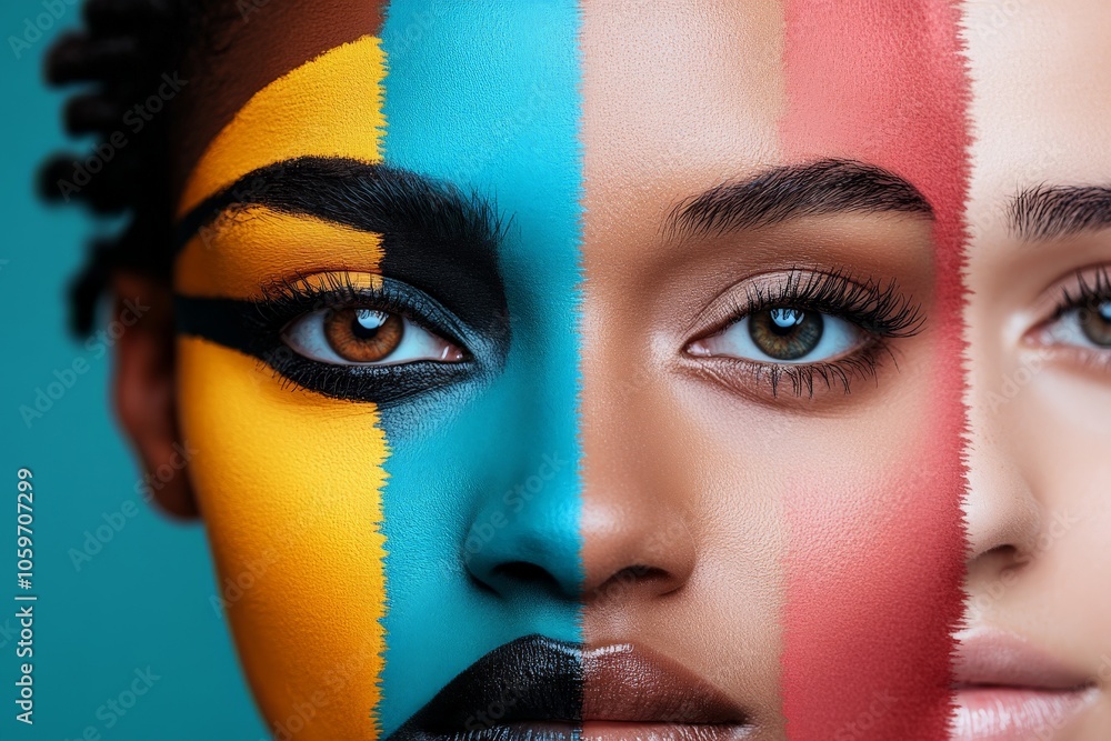 Poster a creative display of colorful face paint with abstract patterns, combining vibrant hues like yellow