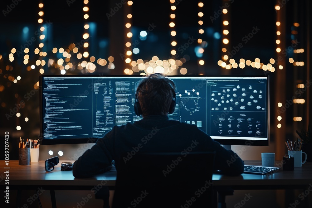 Poster an individual wearing headphones sits at a desk filled with multiple monitors displaying code, surro