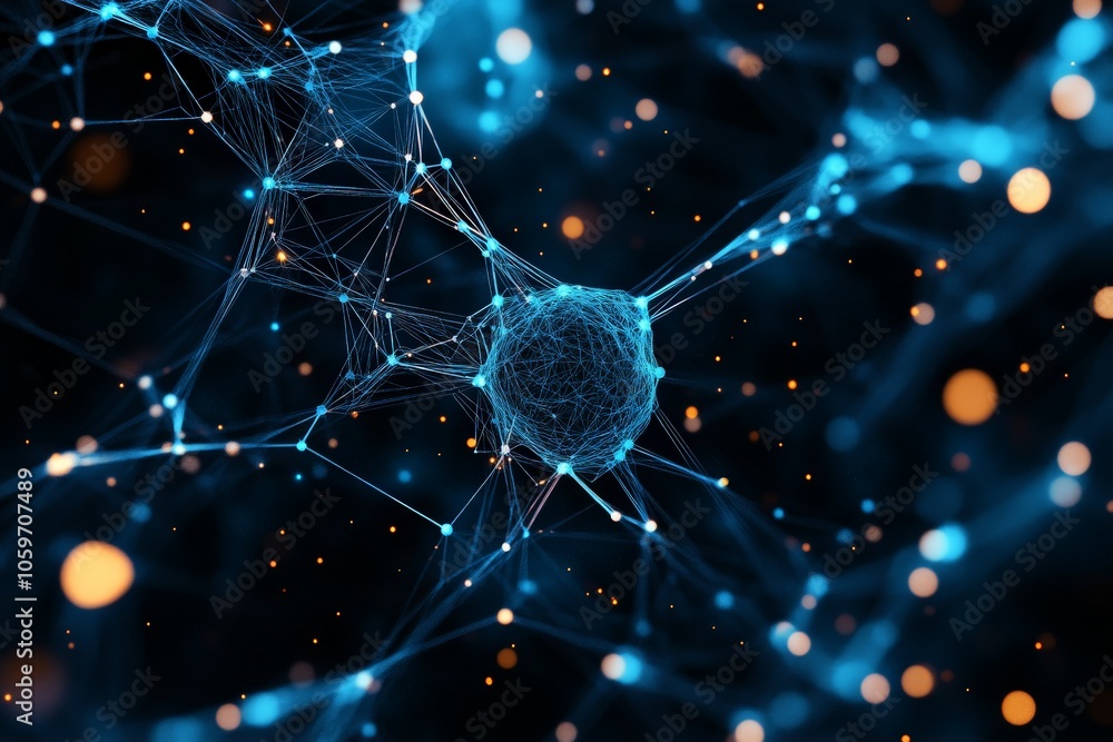 Poster a digital representation of a neural network featuring interconnected blue nodes, symbolizing connec